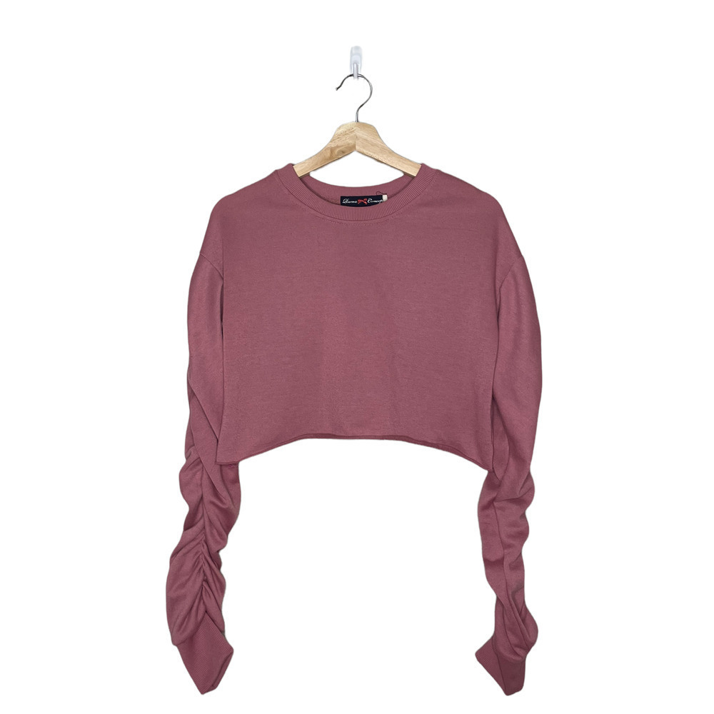 Roma Concepts Sweatshirt Sweater Women Small Pink‎ Ruched Sleeve Cropped Casual